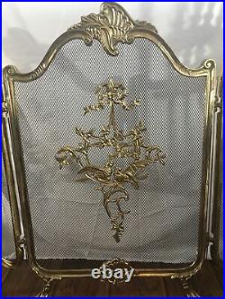 Antique Solid Brass Fireplace Screen Chenets Andirons & Tool Set