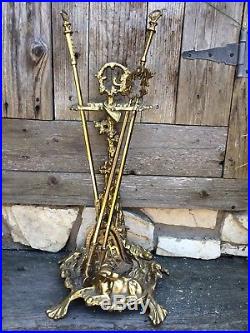 Antique Solid Brass Fireplace Tool Set Holder Stand Fox Hunting Rifle Dog Hound