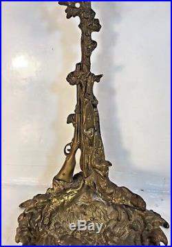 Antique Solid Brass Fireplace Tool Set Holder Stand Fox Hunting Rifle Dog Hound