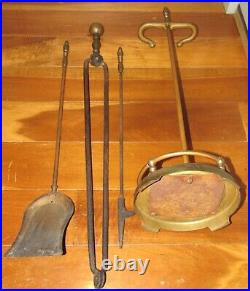 Antique Solid Brass Fireplace Tool Set Shovel Poker Stand Tongs Turned Vintage