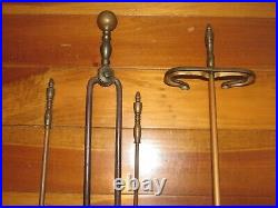 Antique Solid Brass Fireplace Tool Set Shovel Poker Stand Tongs Turned Vintage