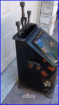 Antique Tole Fireplace Painted Tool Set, Signed