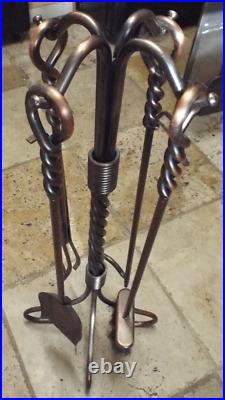 Antique Uniflame Copper Fireplace Set of 4 Poker Broom Shovel Tongs Swirl Handle