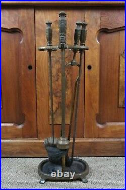 Antique Victorian 5 Piece Hammered Bronze & Iron Fireplace Tool Set w Stand 290