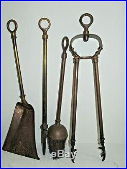 Antique Victorian Brass 5 Piece Fireplace Wood Stove Tool Accessory Set