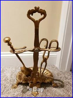 Antique Victorian Gold Gilt Cast Iron Fireplace Tool Set with Decorative Stand