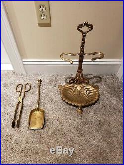 Antique Victorian Gold Gilt Cast Iron Fireplace Tool Set with Decorative Stand