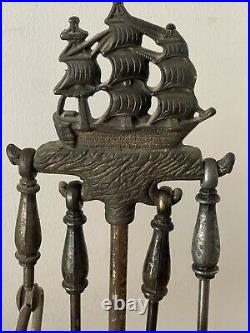 Antique Victorian Nautical Victory Ship Cast Iron Fireplace Tool Set F&M Co. 358