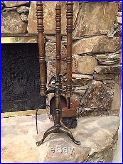 Antique Vintage 3 Pc Fireplace Tools Shovel Brush Poker W American Eagle Stand