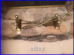 Antique Vintage 4 Piece Victorian Brass Firedogs & Fireplace Tools Rest Set