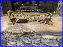 Antique Vintage 5 Piece Victorian Brass Firedogs & Fireplace Tools Rest Set