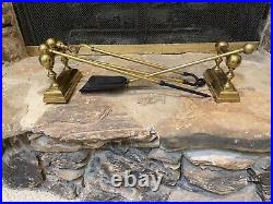 Antique Vintage 5 Piece Victorian Brass Firedogs & Fireplace Tools Rest Set