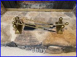 Antique Vintage 5 Piece Victorian Brass Firedogs & Fireplace Tools Rest Set