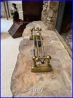 Antique Vintage 5 Piece Victorian Brass Firedogs & Fireplace Tools Rest Set