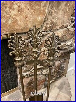Antique Vintage Brass Bronze Fireplace 4 Piece Tool Set Fleur De Lis Heavy