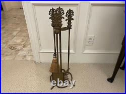 Antique Vintage Brass Bronze Fireplace 4 Piece Tool Set Fleur De Lis Heavy
