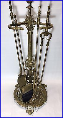 Antique Vintage Brass Fireplace 4 Piece Tool Set & Stand Ornate Victorian Style