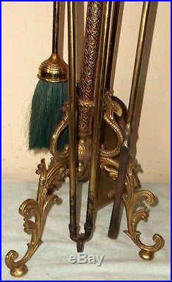 Antique Vintage Brass Fireplace 4 Piece Tool Set & Stand Ornate Victorian Style