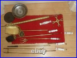 Antique Vintage Brass Fireplace Companion Set Fire Side Tools Ceramic Floral