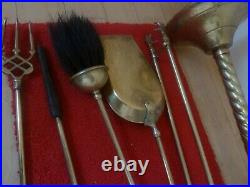 Antique Vintage Brass Fireplace Companion Set Fire Side Tools Ceramic Floral