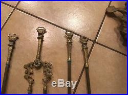 Antique Vintage Brass Fireplace Tool Set with Stand- Hunting Theme