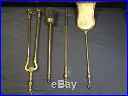 Antique Vintage Brass Fireplace Tools 4 Tool Set + Stands 27 Tall