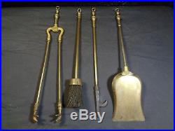 Antique Vintage Brass Fireplace Tools 4 Tool Set + Stands 27 Tall