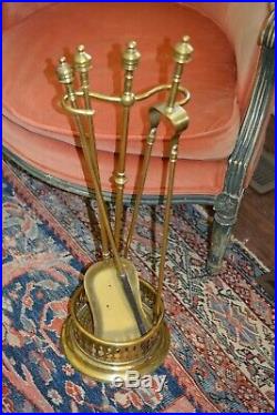 Antique Vintage Brass Fireplace Tools with RARE RETICULATED ROUND Base 3 pc Set