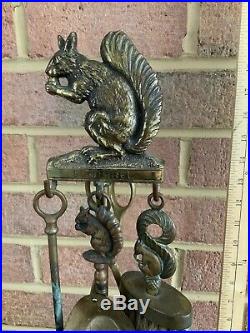 Antique Vintage Brass Squirrel Miniature Fireplace Tool Set Poker Brush Shovel