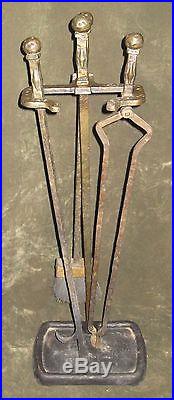 Antique Vintage Cahill Arts & Crafts Iron Fireplace Tool Set 3pc Firetools Stand