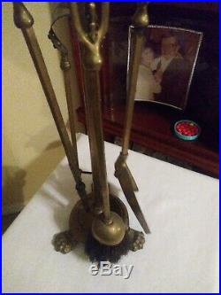 Antique Vintage Claw Footed Iron Fireplace Tool Set 4pc Ornate Stand