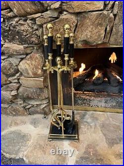 Antique Vintage Fine Black Marble And Brass Fireplace Tools And Stand