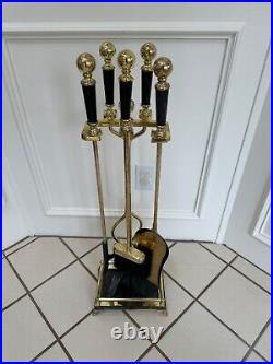 Antique Vintage Fine Black Marble And Brass Fireplace Tools And Stand