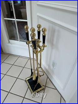 Antique Vintage Fine Black Marble And Brass Fireplace Tools And Stand