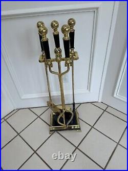 Antique Vintage Fine Black Marble And Brass Fireplace Tools And Stand