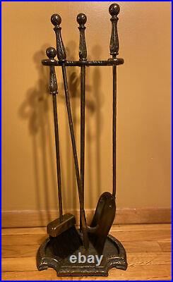 Antique Vintage Heavy Hammered Brass Fireplace Tool Set With Stand Peerless 867