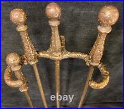 Antique Vintage Heavy Hammered Brass Fireplace Tool Set With Stand Peerless 867