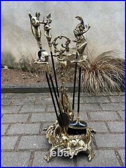 Antique Vintage Style HUNTING THEME Brass Fireplace Tool Set Fire tools
