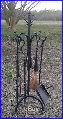 Antique Vintage Wrought Iron Fireplace Tools Hand Forged 4 Pc Set W Stand