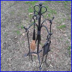 Antique Vintage Wrought Iron Fireplace Tools Hand Forged 4 Pc Set W Stand