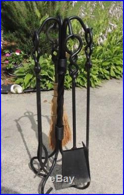 Antique Vintage Wrought Iron Fireplace Tools Hand Forged 4 Pc Set WithStand