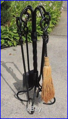 Antique Vintage Wrought Iron Fireplace Tools Hand Forged 4 Pc Set WithStand