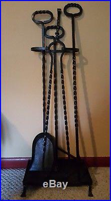 Antique Vintage Wrought Iron Fireplace Tools Hand Forged 4 Piece Set With Stand