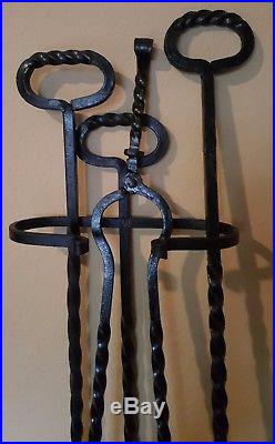 Antique Vintage Wrought Iron Fireplace Tools Hand Forged 4 Piece Set With Stand