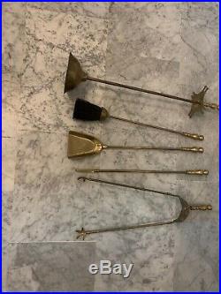 Antique Vintage Wrought Ornate Brass Metal 5 Pieces Fireplace Tool Set Nice