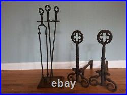 Antique Vtg Fireplace Andirons Fire Dogs Tool Set CELTIC CROSS