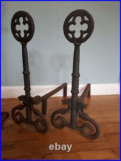 Antique Vtg Fireplace Andirons Fire Dogs Tool Set CELTIC CROSS