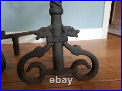 Antique Vtg Fireplace Andirons Fire Dogs Tool Set CELTIC CROSS