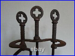 Antique Vtg Fireplace Andirons Fire Dogs Tool Set CELTIC CROSS