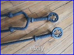 Antique Vtg Fireplace Andirons Fire Dogs Tool Set CELTIC CROSS